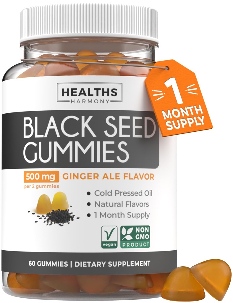 Black Seed Oil Gummies - Natural Ginger Ale Flavor (Non- GMO & Vegan) Cold- Pressed Nigella Sativa Production Pure Black Cumin Seed Oil - 500mg Per 2 Gummy Serving