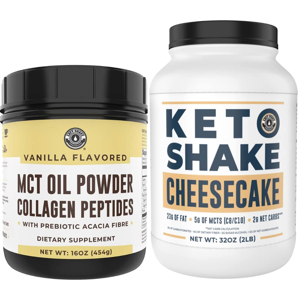 Výkon levého pobřeží Keto MCT Prášek + kolagen a Keto Cheesecake náhrada jídla