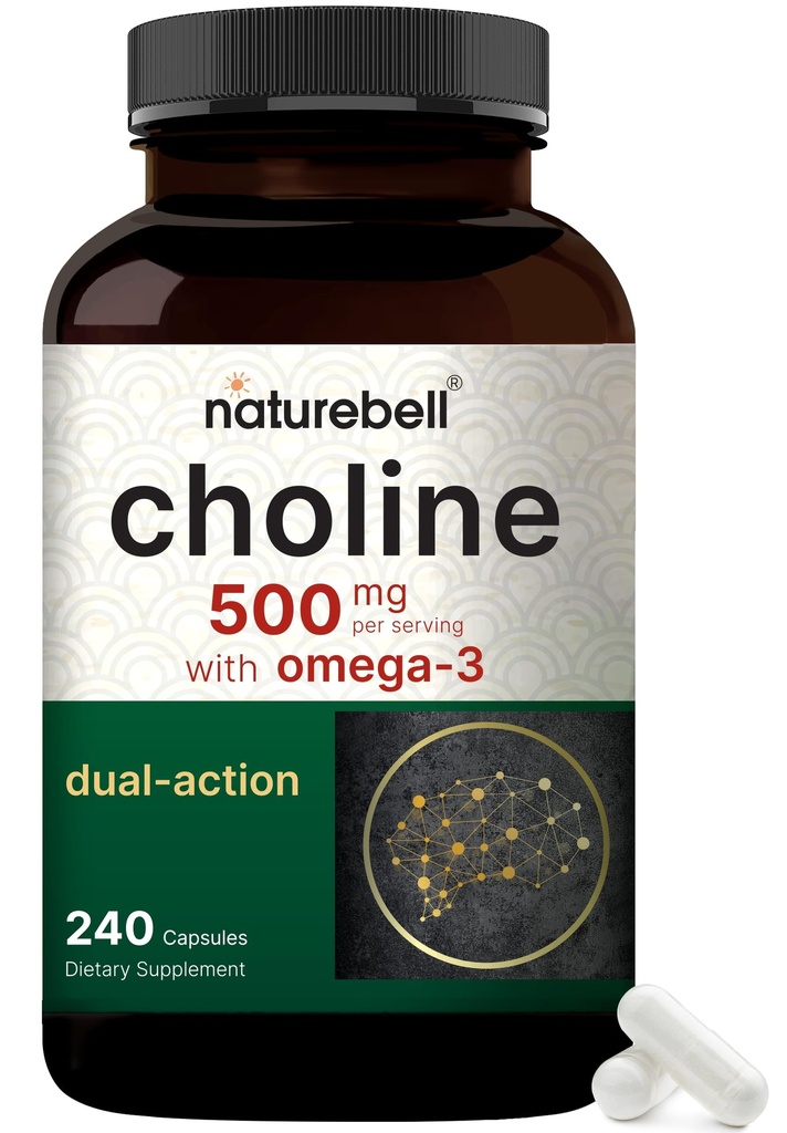 NatureBell Choline doplňky 500mg s Omega-3 mastné kyseliny, 240 Kapsle 124; High potency Cholin Bitartate - Prenatal podpora během těhotenství - Promotes Energy, Játra, Brain, & Kognitivní zdraví