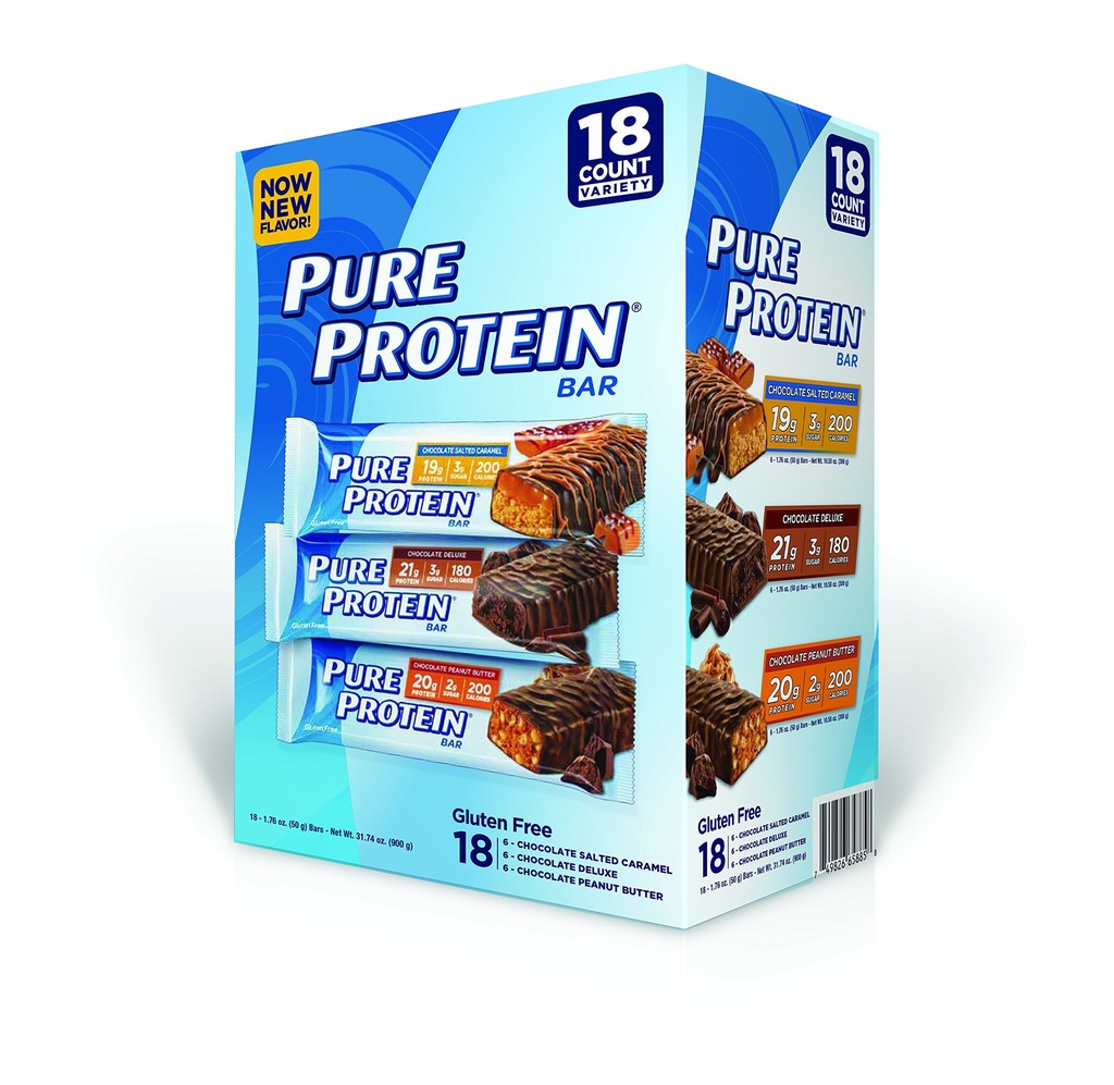 Čistý proteinový bar, čokoládové arašídové máslo / slaný karamel / čokoláda Deluxe, 18 Počet