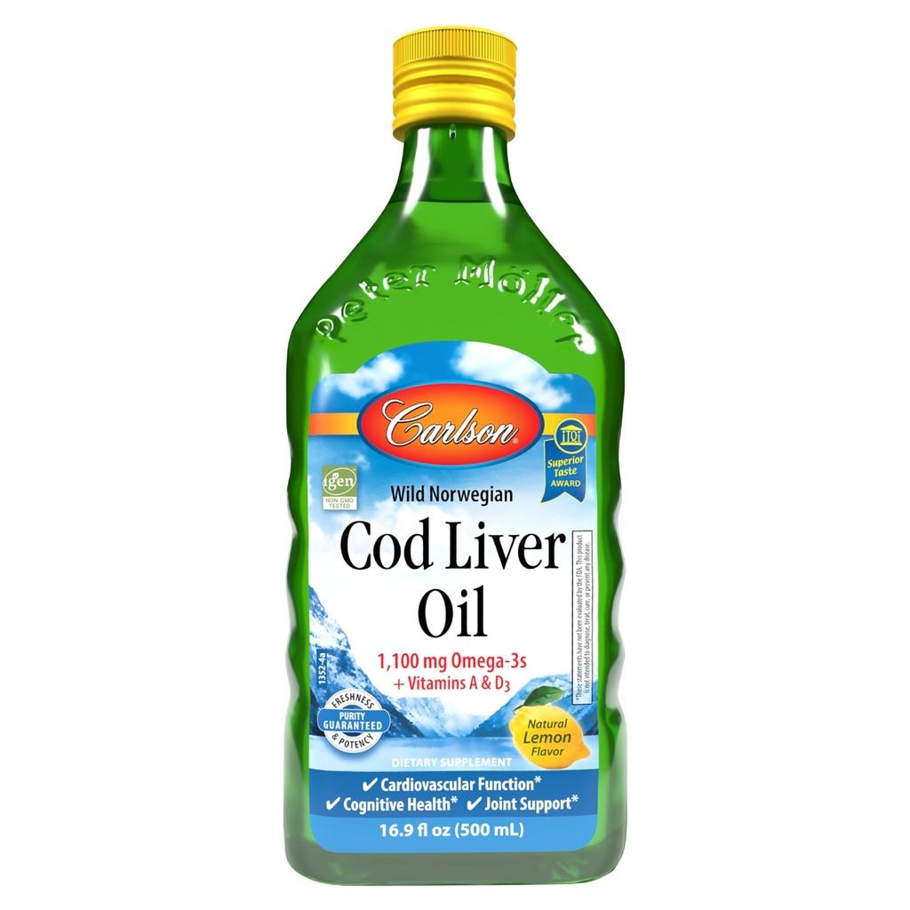 Carlson - Cod Jaterní olej 1100 mg Omega-3s Plus vitaminy A & D3, Volně žijící Norská Arktida, Udržitelně sourced Nordic Fish Oil Liquid, Lemon, 500 ml (16.9 Fl Oz)