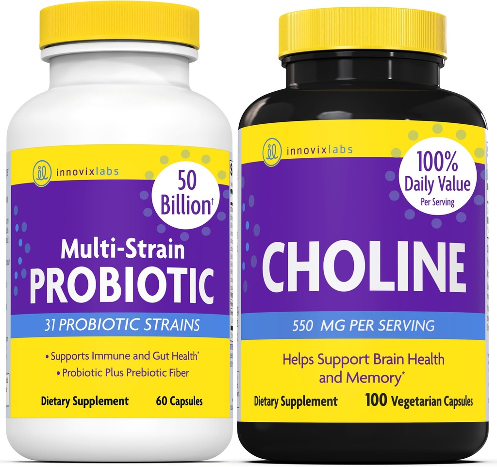 InnovixLabs Cholin & Multi Probiotic Bundle Choline Bitartate 550mg (100 tobolek) Multi Strain Probiotika (60 tobolek). Podporuje paměť, nálada, zdraví mozku a posílení vědomí. *