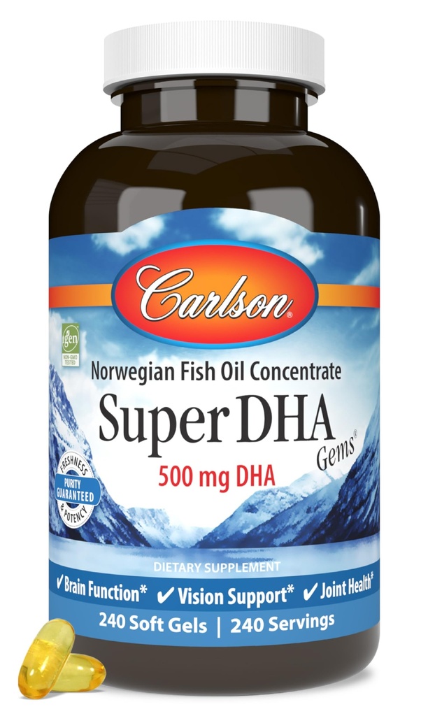 Carlson Super DHA drahokamy - 500 mg DHA doplňky, 640 mg mastné kyseliny, norský Fish Oil koncentrát, Wild- catched, Udržitelně sourced fish oil kapsle, 240 Softgels
