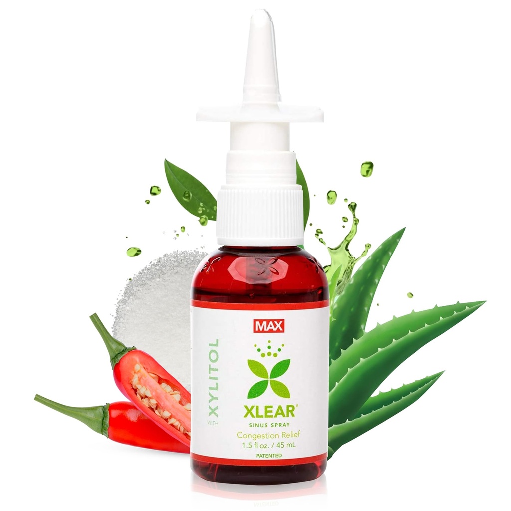 Xlear MAX Natural Xylitol Saline Nasal Spray s Capsicum a Aloe - Rychle působící pro Sinusový tlak, Decongestant, Bolest hlavy, Suchý nos, 1,5 fl oz (balení po 1)