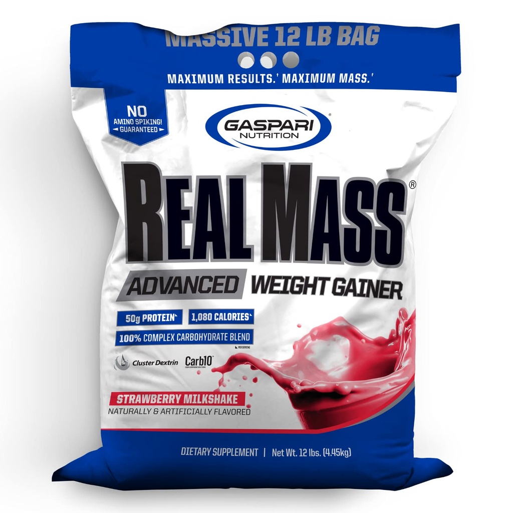 Gaspari Nutrition Real Mass: Advanced Weiner, Protein and Complex Carb Blend, 50g Protein, 16g EAA, gluten- Free, 12 liber (Strawberry Milkshake)