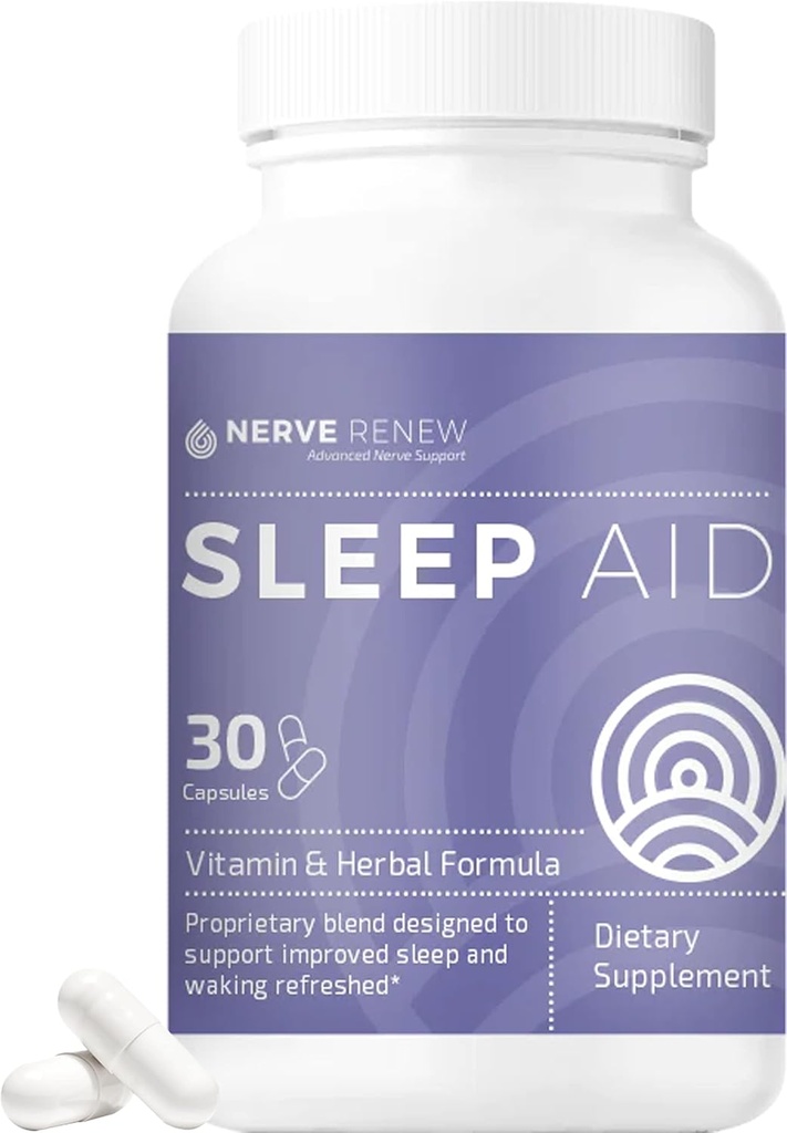 NERVE RENEW Sleep Aid - Dietní dodatek pro lepší spánek - 30 Kapsle - Funguje rychle - Jemné All- Přírodní bylin a vitamin Formule s melatonin, hořčík, zinek, aminokyseliny, bylinné extrakty
