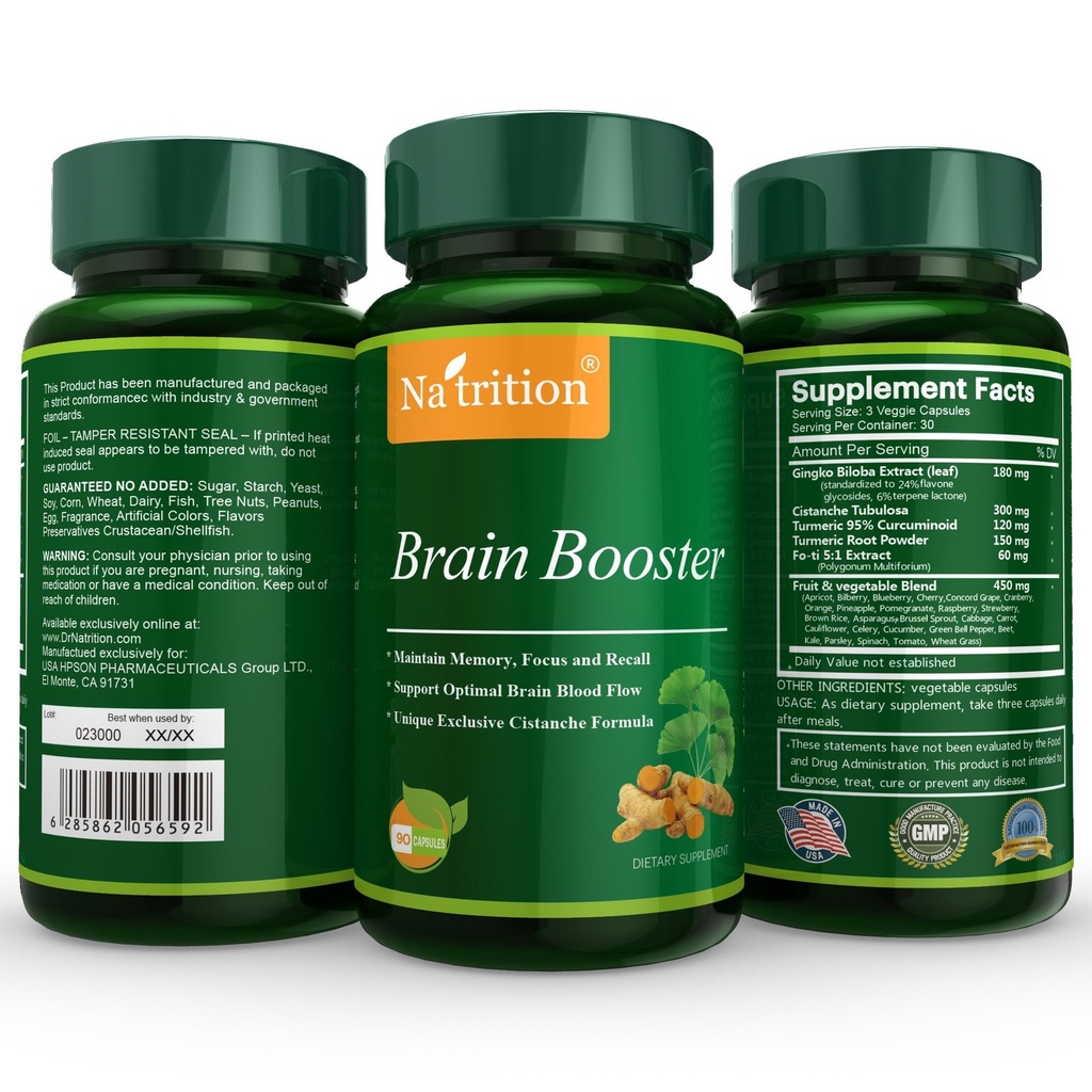 Natrition Brain Booster - Ginkgo Biloba, Turmeric, Cistanche Tubulosa, Fo-ti Extract Blend - Natural Antioxidant Support for Brain Function - Clarity, Focus and Memory Enhance - 90 Veggie Kapsle