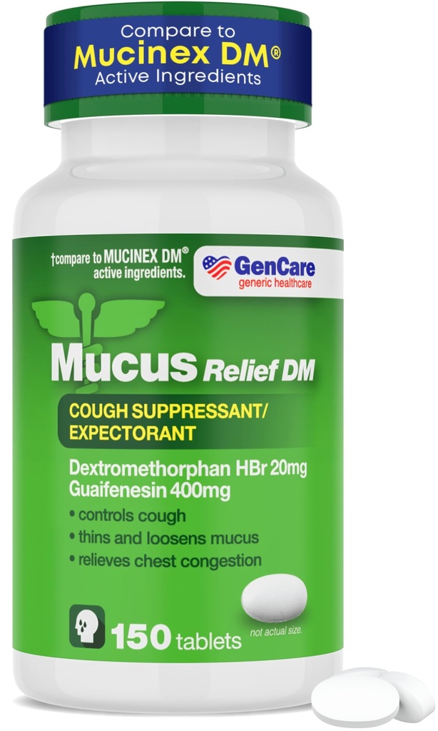 GenCare - Mucus Relief DM (150 Count Value Bottle) Dextromethorphan HBr 20mg Guaifenesin 400mg Fol124; Generic Mucus Relief DM DM 124; Okamžité uvolnění nepotažený kašel & Mucus Expectorant Pill