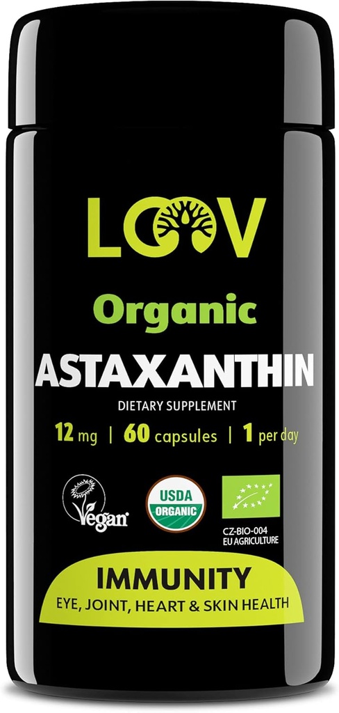 LoeV Natural Organic Astaxanthin 12 mg - 60- denní dodávka - Max síla antioxidant - oko, kloub, kůže, imunita - od mikrořas - Non- GMO, Vegan, Udržitelný
