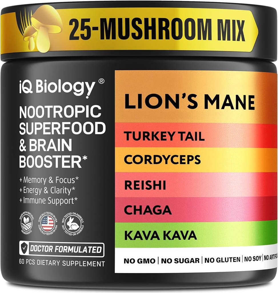 Kava Kava Root Cordyceps Lions Mane Reishi Houbové doplňky, Nootropní Houby Kapsle Kava Kava Extract, Houbové vitamíny pro ženy, Ashwagandha, Magnesium - 60 Caps (1 balení)