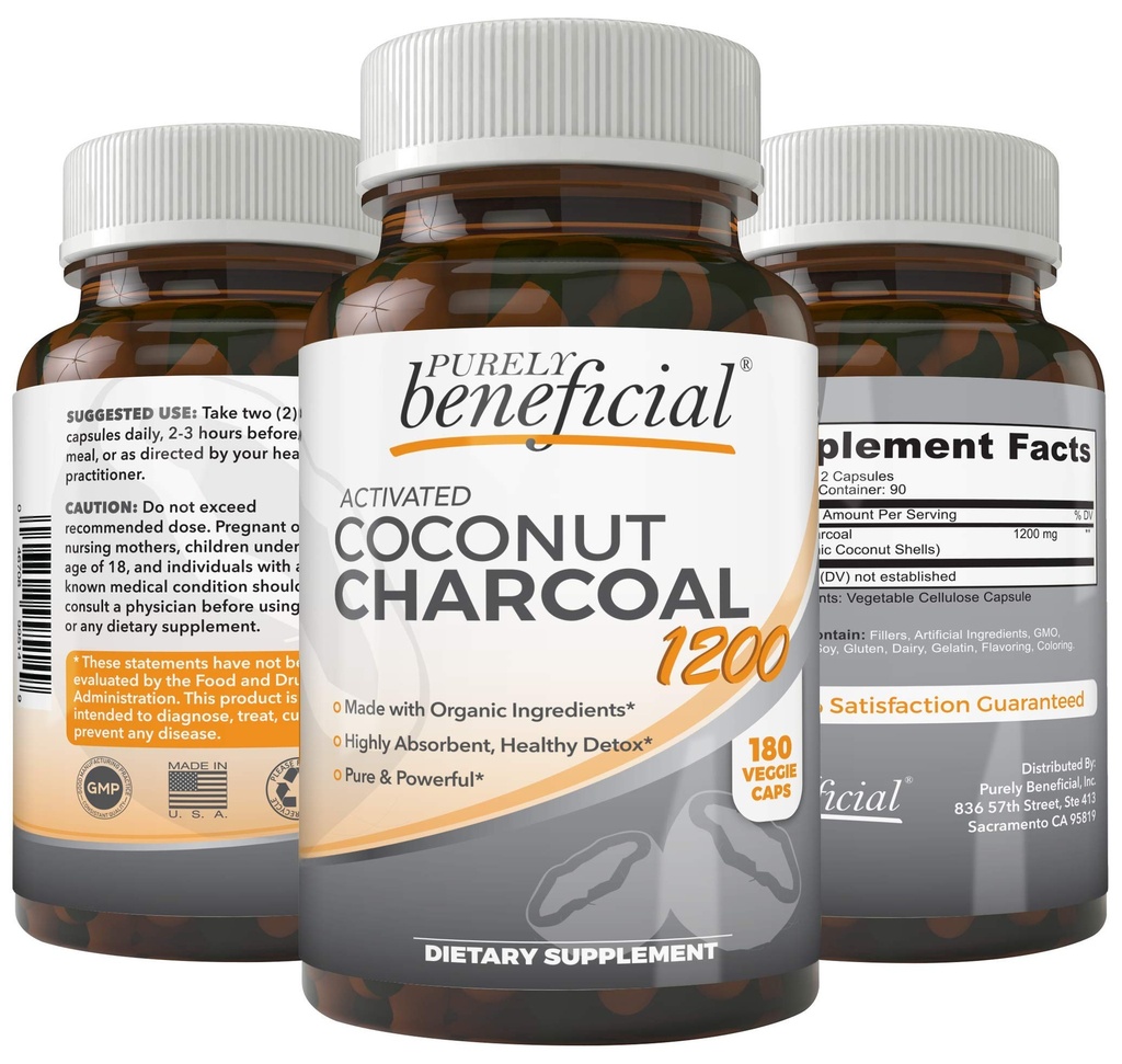 Activated Coconut Charcoal 1200mg, 180 Kapsle - Prášky pro trávicí systém, nafouknutí, Vegan (1 lahvička)