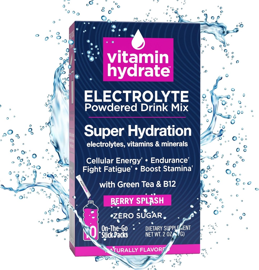 Vitamin Hydrate Electrolyte Powdered Drink Mix, Super Hydration, Zvýšení Stamina & Boj Únava, Praskání s elektrolyty, Vitamíny & Minerály, 0 Cukr, Berry Splash, 10 Stick Balení