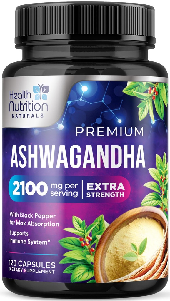 Ashwagandha doplňky - 2100mg Ashwagandha kapsle pro ženy a muže, přírodní antioxidační podpora, Ashwa Root Extract, Extra síla klidnou podporu s Black Pepper, Vegan & gluten zdarma - 120 Kapsle