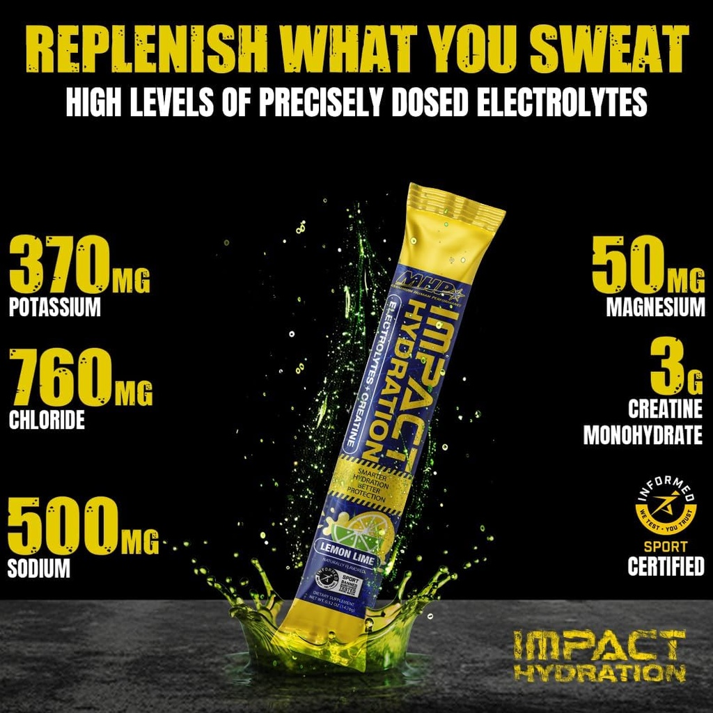MHP Impact Hydration Electrolyte Creatine Sports Drink Stick Pack, No umělé sladkosti nebo barvy, Performance, Recovery, Lemon Lime, 14 Počet