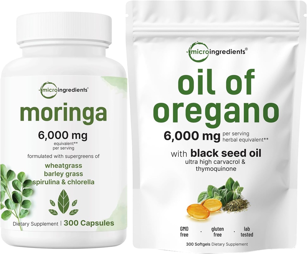 Micro Ingredients Oil of Oregano Softgels 300 Count & Moringa Oleifera 6,000mg Ekvivalentní 300 Kapsle Bundle 2 Balení 124; Carvacrol & Thymoquinon PHI124; Antioxidant Supplement