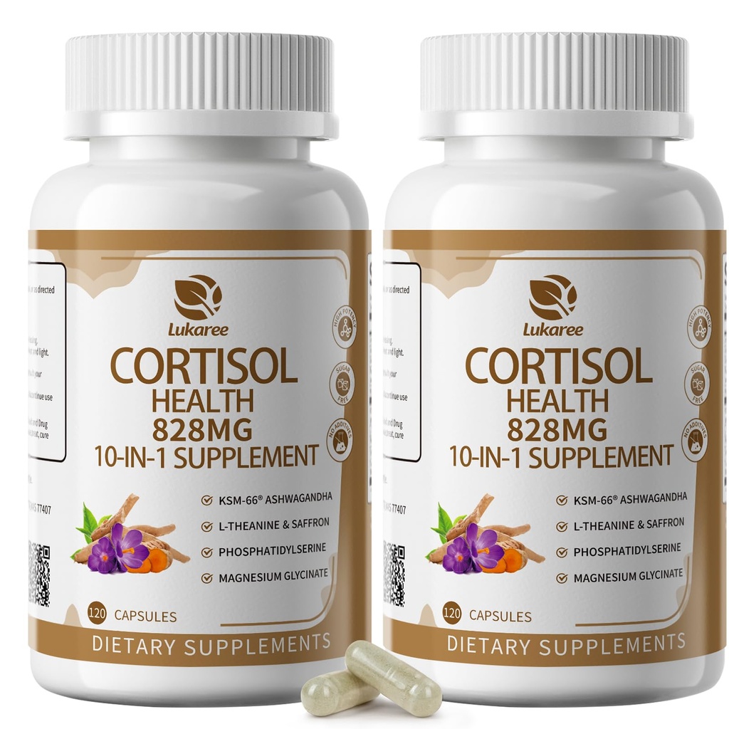 10-IN-1 Cortisol doplňky s hořčíkem, Ashwagandha, Heřmánek, L-Theanine, Fosfatidylserin, třezalka, Astragalus, Vitamin C & D3, Pro ženy, 240 Veganské kapsle pro 4 měsíce, Non- GMO