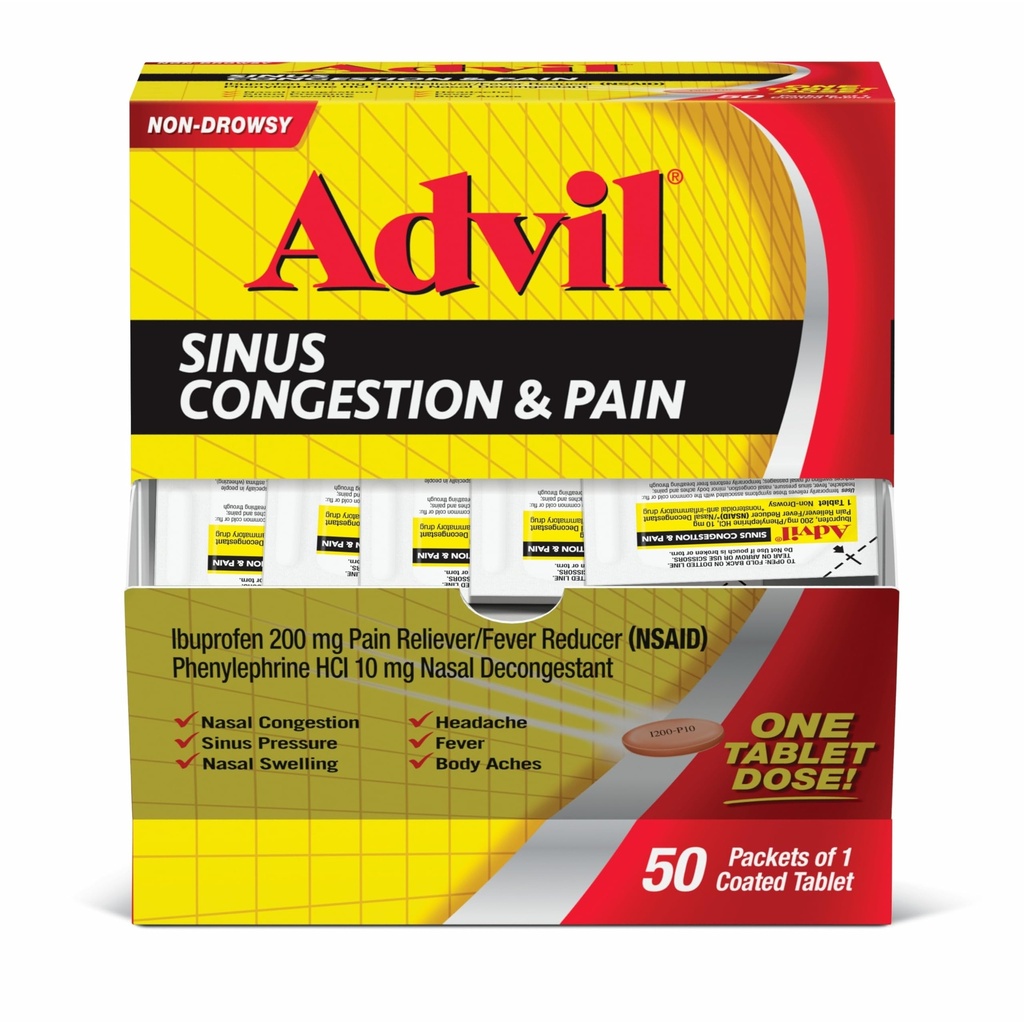 Advil Sinus Congestion and Pain, Sinus Relief Medicine, Pain Reliever and Fever Reducer with Ibuprofen and Fenylephrin HCl - 50 potahovaných tablet