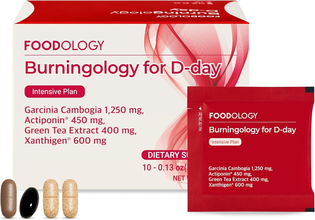 FOODOLOGIE Burningology D- Day, Appetite Conpressant pro ženy a muže, Boost Mood, Podpora hubnutí a spálení kalorií, Garcinia Cambogia dodatek, Zelený čaj Extract - 10 Packets