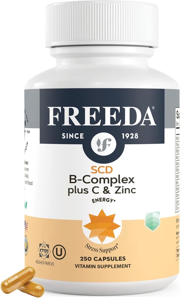 FREEDA Kompletní B komplex s vitaminem C & zinek - SCD Legal Vitamin B Complex (B1, B2, B3, B6, B12) - 250 Vegetariánské kapsle, Vhodné pro všechny včetně SCD Diet Followers, Denní zdravotní podpora