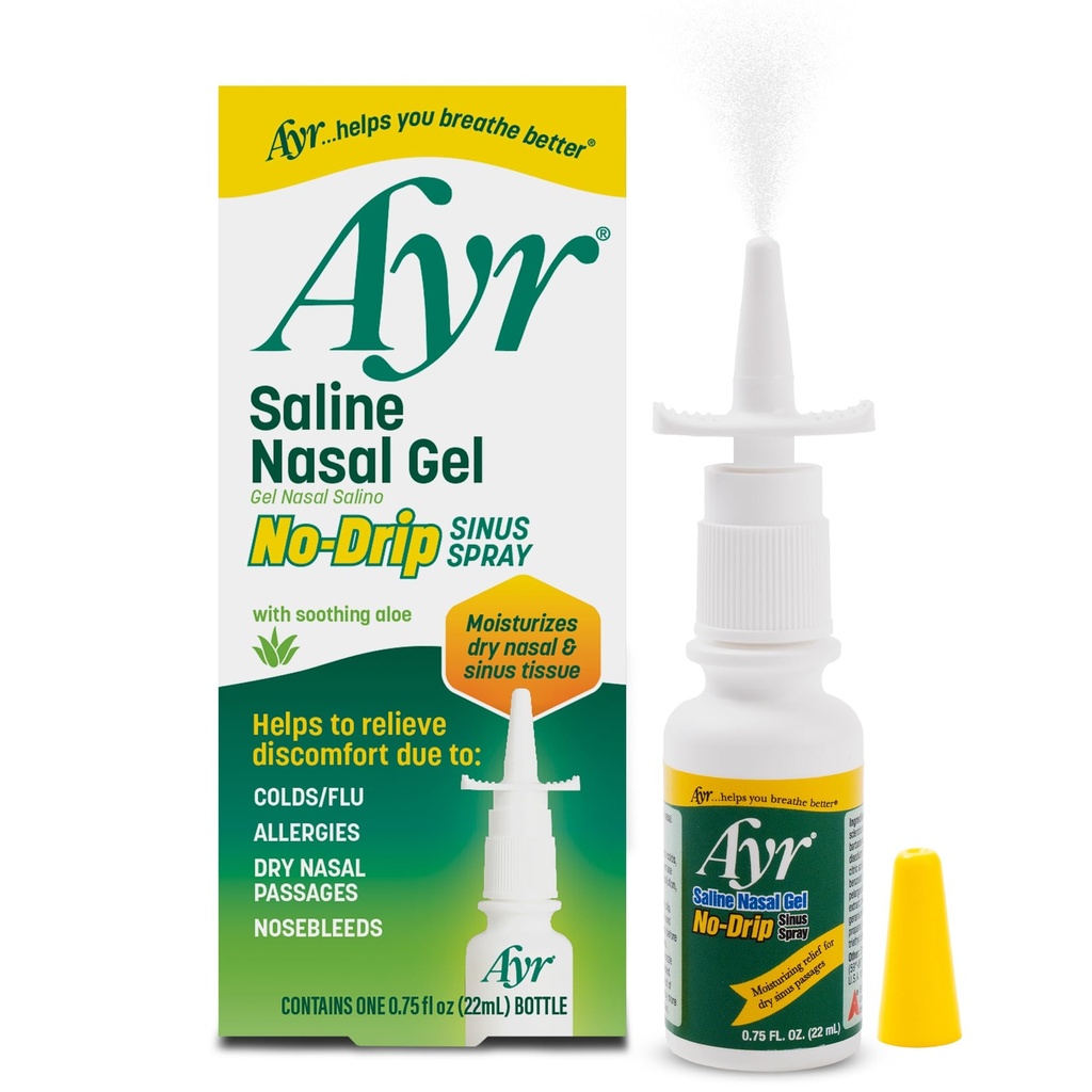 Ayr Saline Nasal Gel No- drip Sinus Spray With Soothing Aloe Vera, 0.75 Fl Oz Spray Bottle, (Balení po 1)