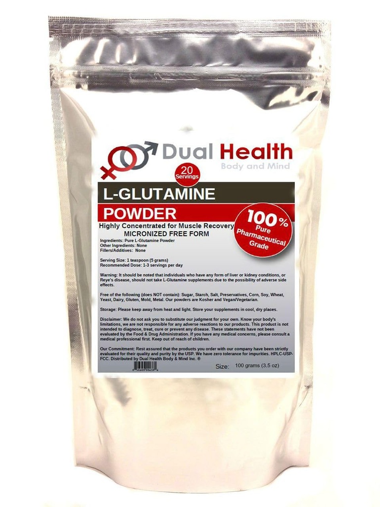 L- glutamin (100 Grams - 3.5 oz) čistý prášek 5000mg Volné formy Bulk doplňky, Made in USA, Imunitní Digestion GI Support Leaky Gut Health Muscle Energy Stamina Vytrvalost Síla