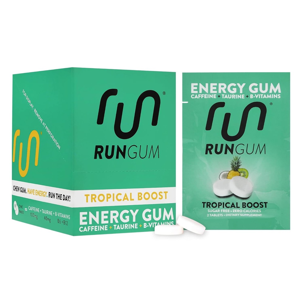 RUN GUM Tropical Boost Energy Chewing Gum 50mg Caffeine Taurin & B-Vitamíny per bit, 24 Kusy (balení po 12) Cukr zdarma, Nula Kalorie, No Aspartam, a gluten zdarma, 1 ea
