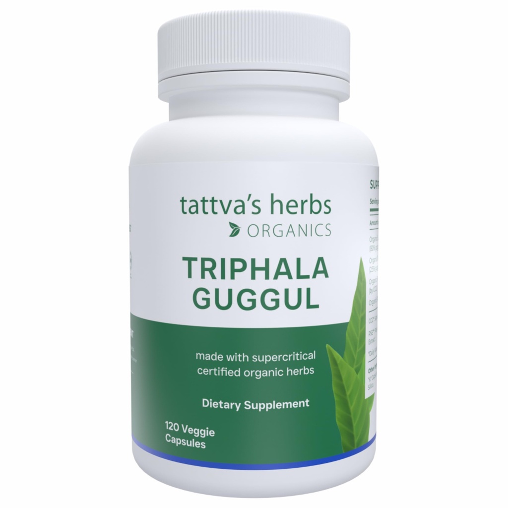 Tattva Byliny Triphal Guggul Bylinný dodatek, Ayurveda Bylinné doplňky, Stravovací zdraví a podpora, Organic Triphala Kapsle, 120 Počet, 25 Roky Premium Service