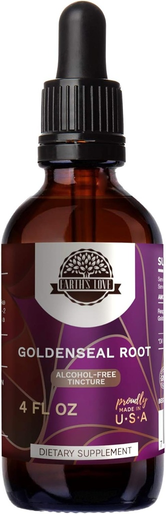 Pozemská láska - Goldenseal Root Alcohol- Free Bylinný extrakt tinktura, Super- Koncentrované Goldenseal (Hydrastis Canadensis) Sušená kořenová (4 Fl Oz)