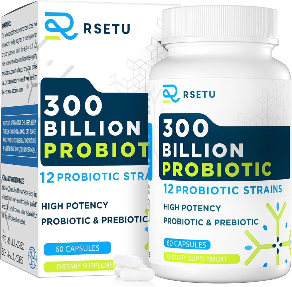 Probiotika pro muže žen: 300 miliard CFU Probiotická vysoká potence + 12 Strains Organic Probiotics with Prebiotics, Denní Probiotický dodatek pro stravovací, Gut, Imunitní a Bloating Health, 60 Kapsle