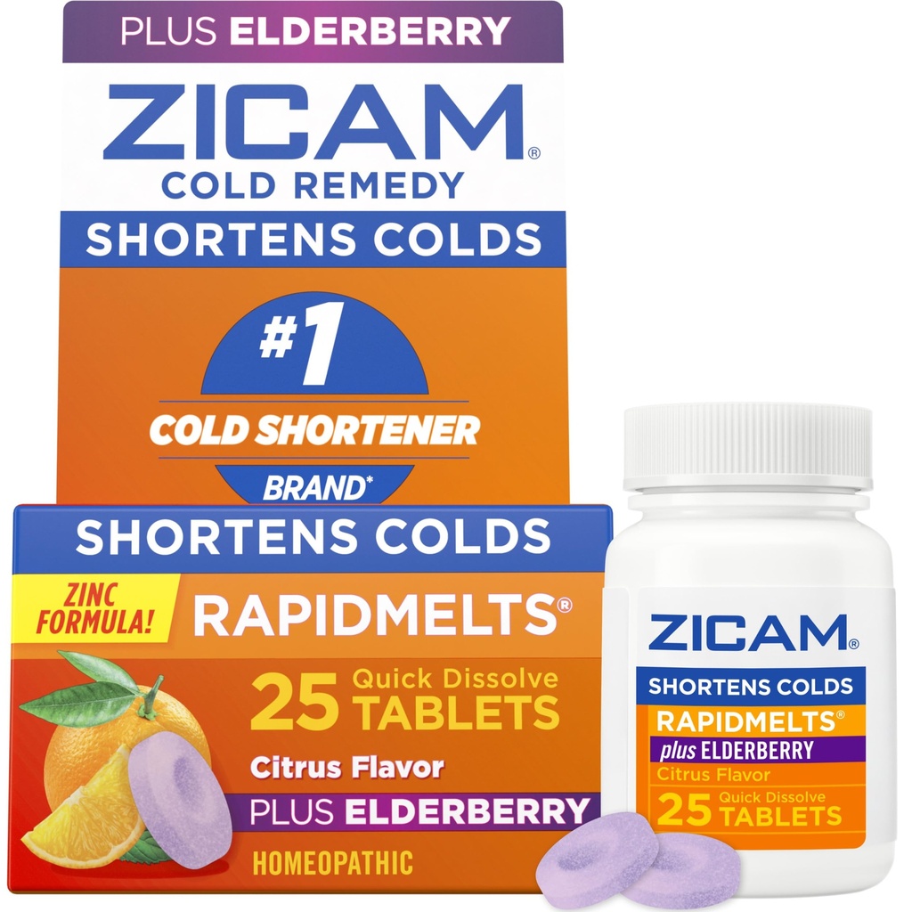 Zicam Cold Remedy Zinek RapidMelts, Elderberry Citrus Flavor, Homeopatické, Cold Shortising Medicine, Shortens Cold Trvání, 25 Počet