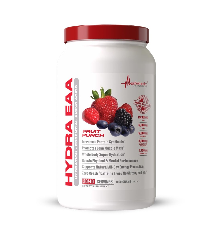 Metabolická výživa Hydra EAA, 1000g esenciálních aminokyselin + hydratace, EAA, BCAA, glutamin, Electorlytes, kokosová voda a glycerol, úžasné aroma (ovocný punč, 1000g)