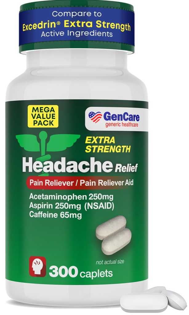 GenCare - Bolest hlavy Relief Acetaminofen s Aspirin (NSAID) & Kofein (300 kapslí) Hodnota balení 124; Bolest hlavy, svalů Aches, Bolest zad & Tělo 124; Generická Excedroen Extra síla