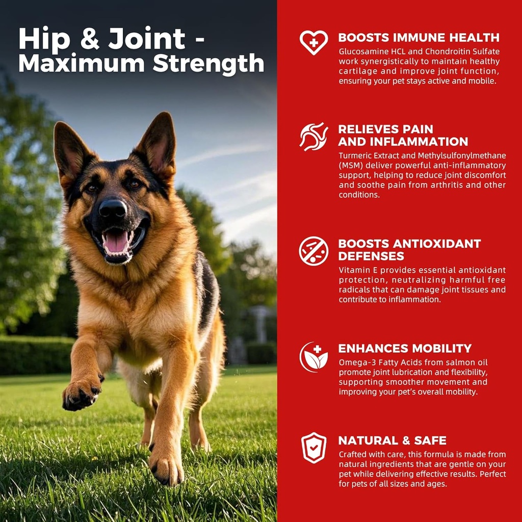 Dog Hip a společný dodatek - Psí bolest proti zánětu Glucosamine, Chondroitin, MSM, kurkuma, vitamin E, Omega 3 - Léky Hip Dysplazie, Artritida - Všechny velké malé střední plemeno