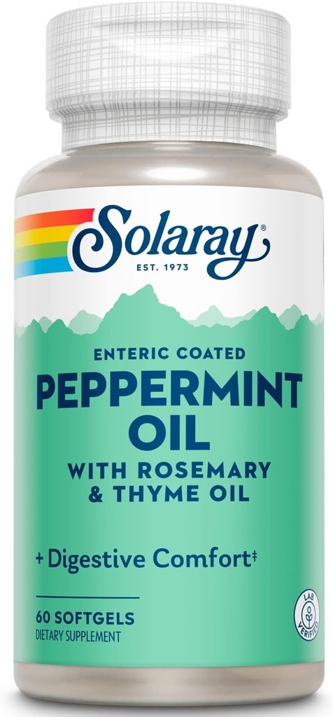Solaray Peppermint Oil Enteric Coated w / Rosemary & Thyme Oil CARL 124; Zdravá, uklidňující potrava Support CARL 124; 60 Softgels
