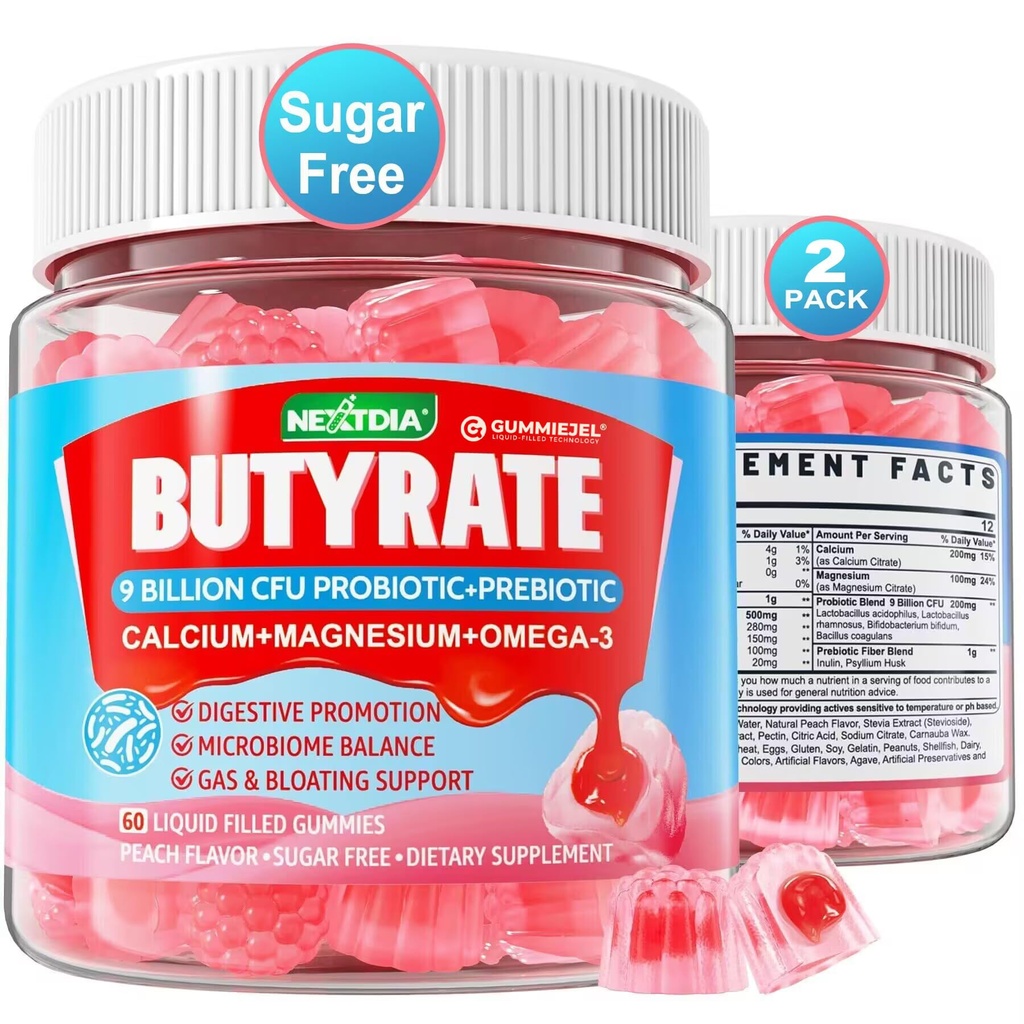 Butyrate Gummies with Probiotic + Prebiotic + Postbiotic, Omega-3 500 mg, 9 Miliarda CFU Probiotika s Fiber, vápník a hořčík, Inulin, Psyllium Husk pro stravitelné zdraví, Bloating Support, Cukr zdarma
