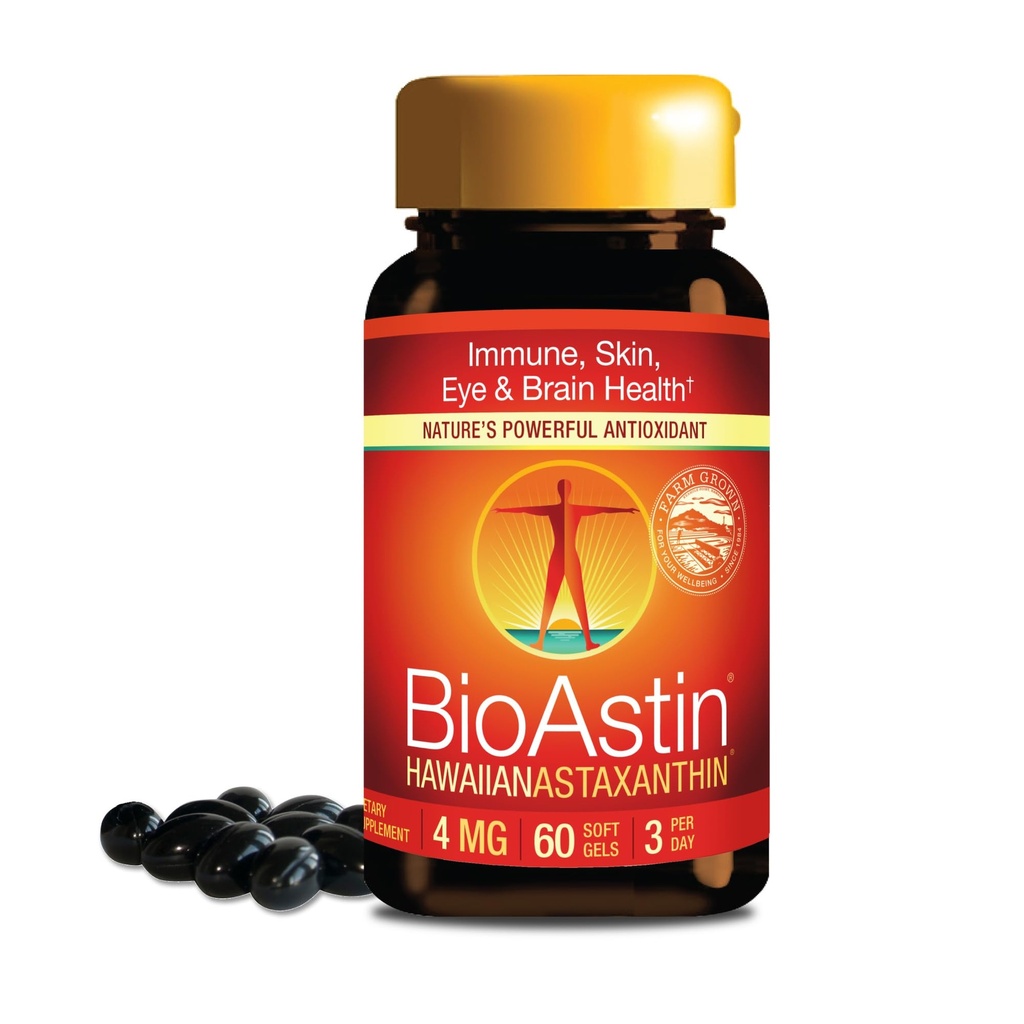 Nutrex Hawaii BioAstin Hawaiian Astaxanthin - 4mg, 60 Softgels - Farm- Direct Premium Antioxidant dodatek k podpoře očí, kůže, kloub a imunitního systému zdraví - Non- GMO & gluten- Free