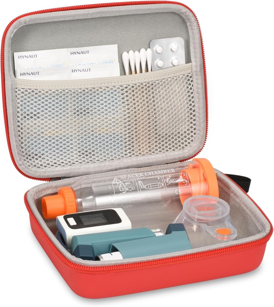 Hard Travel Case pro Asthma Inhaler a příslušenství, s Mesh Pocket for Medicine, červená
