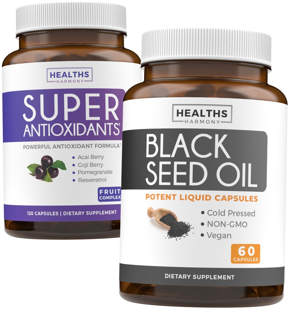 Antioxidanty & Black Seed Oil (1-Month Supply) Super Antioxidant dodatek s Acai Berry, Goji Berry, Pomegranate & Trans Resveratrol (120 Kapsle) a Black Seed Oil (Non- GMO & Vegan) 60 Kapsle