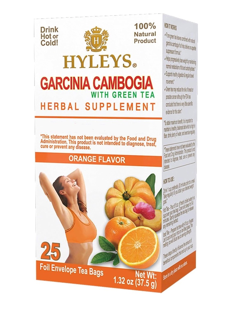 HYLEYS čaj Garcinia cambogia zelený čaj s pomerančovou příchutí - 25 čajových sáčků