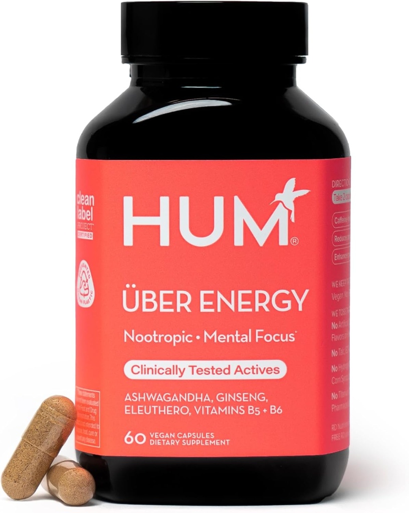 HUM Uber Energy Adrenal Energy Supplement with Ashwagandha Root, Ginseng, B Vitamíny, Vitamin B6, B5 a Adaptogeny, doplňky pro podporu adrenální únavy, 60 Vegan Kapsle