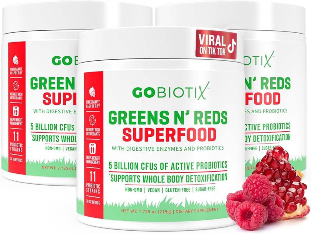 GOBIOTIX Super Zelené a červené Powder - Červený a zelený Superfood - Probiotický dodatek - Stravovací enzymy a kořenový prášek - Organic Whole Foods Dietní dodatek (Pom Raspberry, 3 Pack)