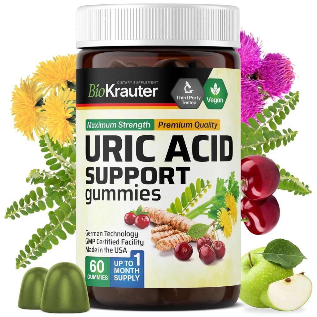 BIO KRAUTER Uric Acid Support Gummies - 60 Vegan Chews - Uric Acid Support w / Tart Cherry & Chanca Piedra 4: 1 Extracts - Natural Ledviny Supplement w / Milk Thistle and Turmeric