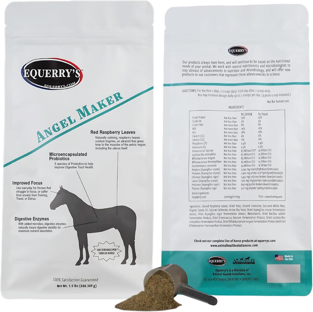 Equerry 's Angel Maker, Raspberry Leaf, Mikrokapsulated Probiotics Supplement for Horse Ulcer Treatment & Digestive Health Calmness & Focus, 1.5lb.