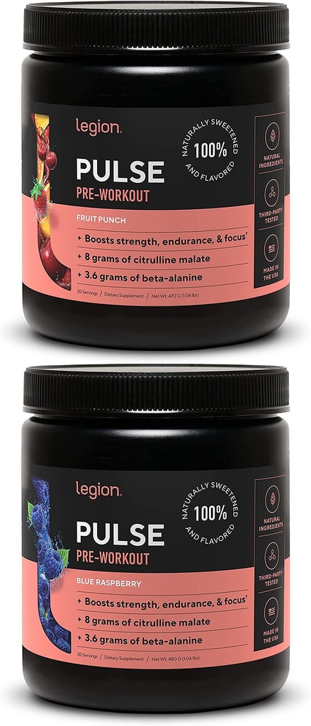Legion Pulse Pre Workout Dodatek - Všechny přírodní oxid dusnatý Precvičení nápoj na zvýšení energie, Creatine Free, přirozeně slazené, Beta Alanin, Citrulline, Alfa GPC (Ovoce Punch & Blue Raspberry)