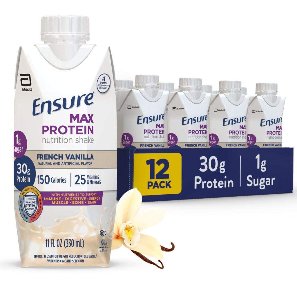 Zajistit Max Protein Shake 124; French Vanilla current 124; Připraveno k pití 124; 30g protein pro svalové zdraví current 124; 1g Cukr, 4g Fiber current 124; 11 fl oz, 12 Pack