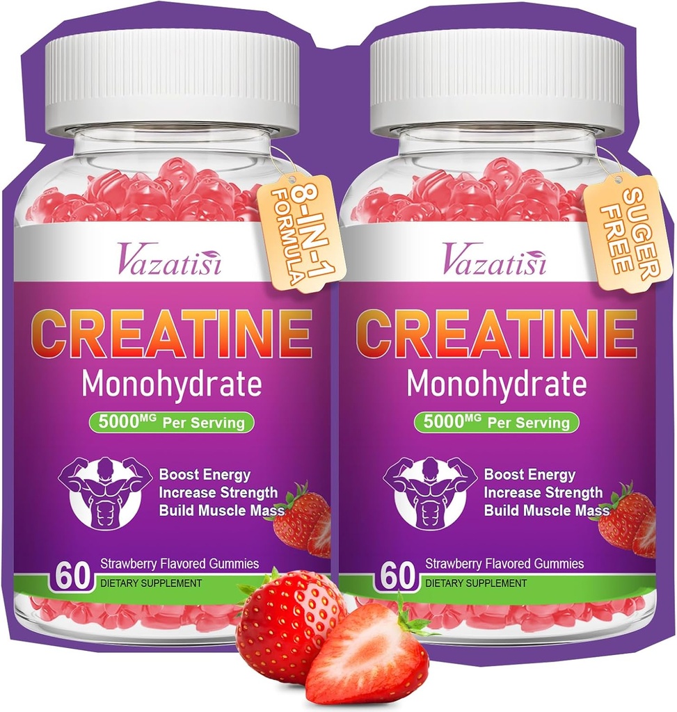 2 Pack Creatine Monohydrát Gummies pro ženy a muže, Cukr zdarma Vegan Creatin dodatek pro budování svalů, zvýšit energii a sílu, přírodní jahodové aroma, 120 Počet