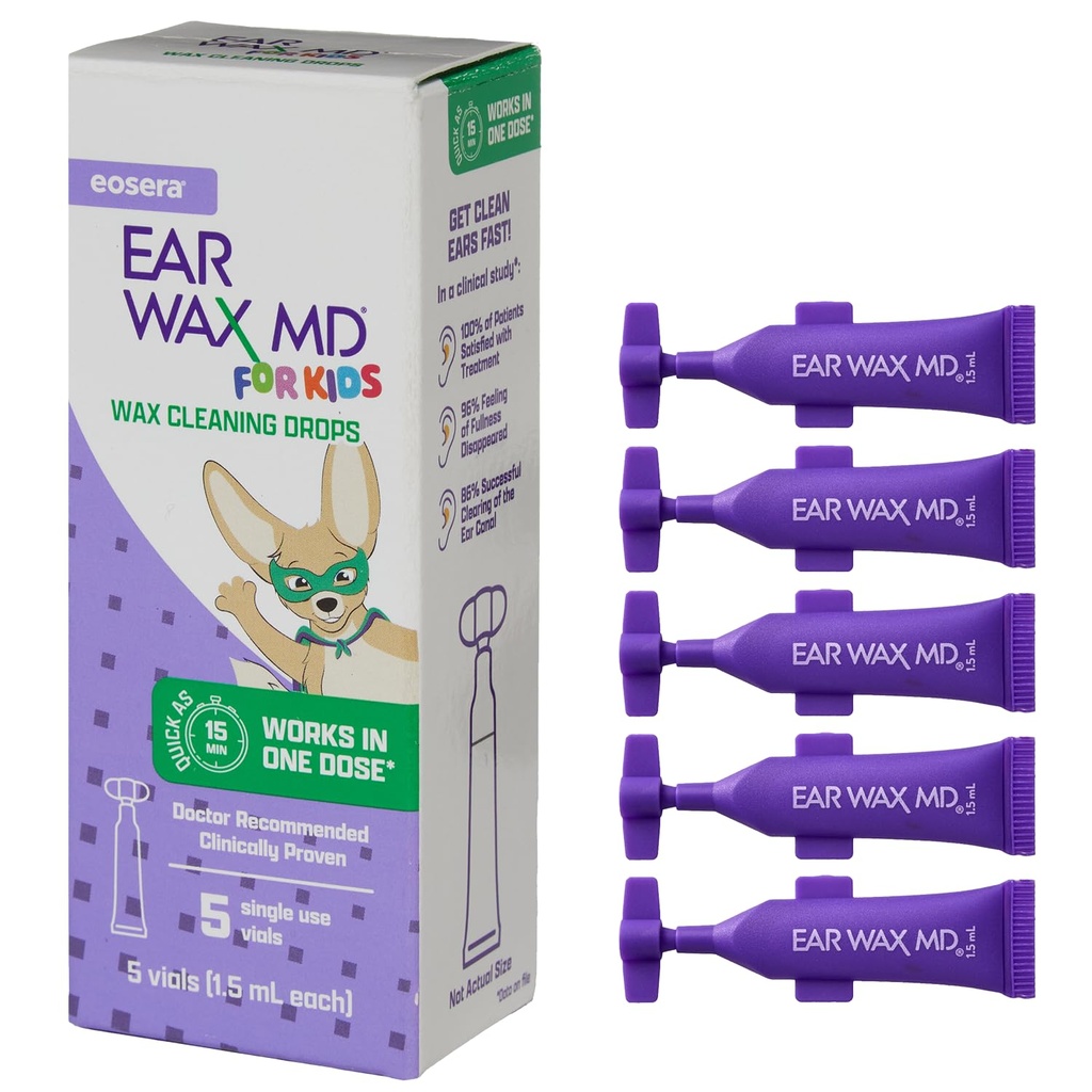 eosera ® Ear Wax MD ® for Kids - Ušní wax čistící kapky, 5pk injekční lahvičky CLAS124; Fast- acting Unit 124; Breaks Down & Dissolves Ear Wax in as Little as 1 Treatment CLAS124; Klinicky osvědčené 124; Gentle & Safe I for Kids Age 2 +