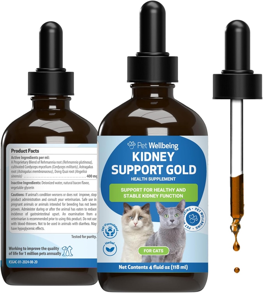 Pet Wellbeing Ledviny Podpora Gold pro kočky - Podporuje zdravé funkce ledvin, bilance tekutin, energetické hladiny, Rehmannia, Dong Quai - veteránský Bylinný dodatek 4 oz (118 ml)