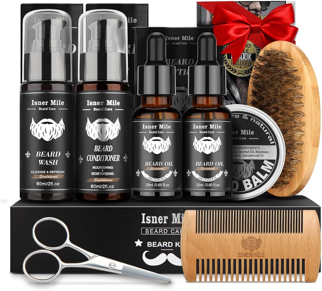 Beard Kit pro muže Grooming & Care: s 2 Pack Beard Oleje a Balzám - Wash & Conditioner for After Shave Lotions Sandalwood, Brush a Comb Set s Nůžkami, Valentines Otcové dárky pro tátu / Muži / On