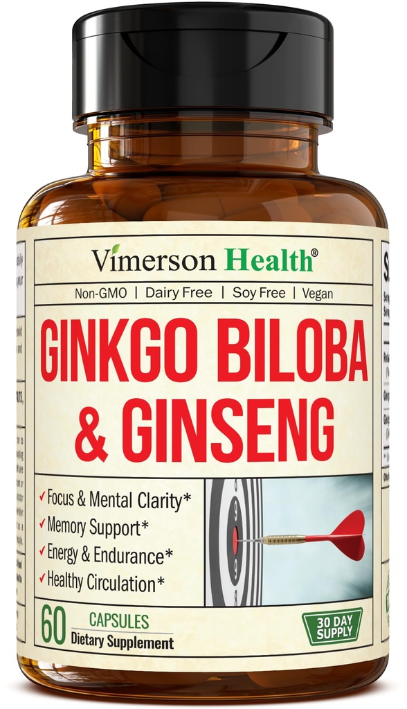 Asijské Ginseng a Ginkgo Biloba doplňky - Panax Ginseng Extract 700mg + Ginko Biloba 720mg - Nootropní doplněk mozku pro paměť, Focus & Setrvalá energie - 60 Easy- to- Swallow Kapsle